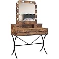 Vanity Table with Lighted Mirror, Modern Makeup Vanity Table with 10 Lights Makeup Desk 4 Drawer Storage Dressing Table for Bedroom (Brown)