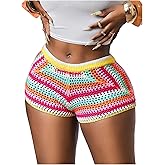Verdusa Women's Colorful Stripe Crochet Knit Shorts Beach Vacation Micro Booty Shorts