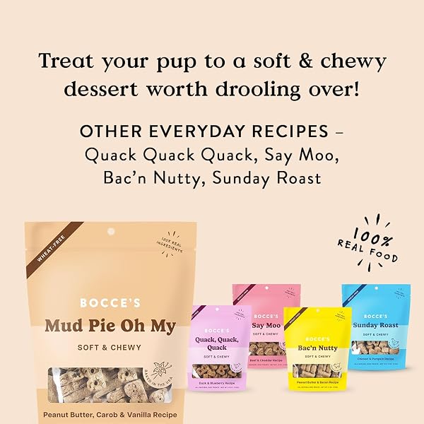 BOCCE’S BAKERY OVEN BAKED MUD PIE OH MY TREATS FOR DOGS, WHEAT-FREE EVERYDAY DOG TREATS, MADE WITH REAL INGREDIENTS, BAKED IN THE USA, NATURAL SOFT & CHEWY COOKIES, PB, CAROB & VANILLA, 6 OZ