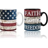 Whaline 2Pcs Patriotic Mugs 4th of July Ceramic Cups Vintage American Flag Stars Stripes Print Drinking Mugs Coffee Cups for Independence Day Home School Office Table Centerpieces Housewarming Gift