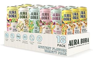 Aura Bora, Mystery Flavor Variety Pack, Herbal Sparkling Water, 12 oz Can (Pack of 18), 0 Calories, 0 Sugar, 0 Sodium, Non-GMO, Flavors May Vary