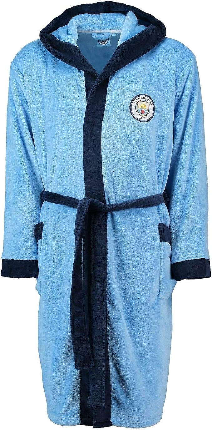 Robe De Chambre à Capuche Manchester City FC Officiel - Polaire Douce Homme, Blason Tissé, Cadeau Fan Idéal