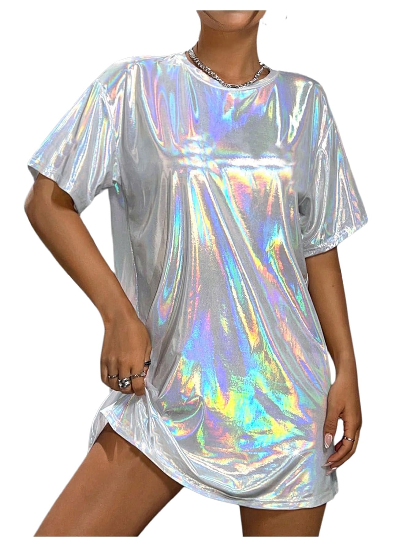 Photo 1 of SHENHE Women's Y2k Shiny Holographic Short Sleeve Metallic Party Disco Oversized Tshirt Dress White Large