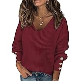 SunnyMelody Womens Dressy V Neck Button Long Sleeve Sweater Fall 2025 Ribbed Knit Pullover Tops - Lightweight, Loose Fit