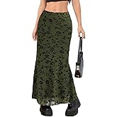Milumia Women's Floral Print Mesh Long Skirt Low Waisted Y2k Flare Hem Fishtail Skirts