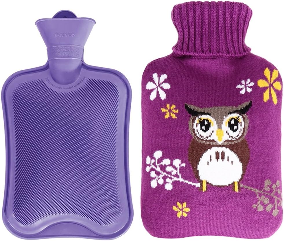 Hot water bag, natural rubber and cartoon soft knit protection to keep warm and comfortable ( Color : Purple L )