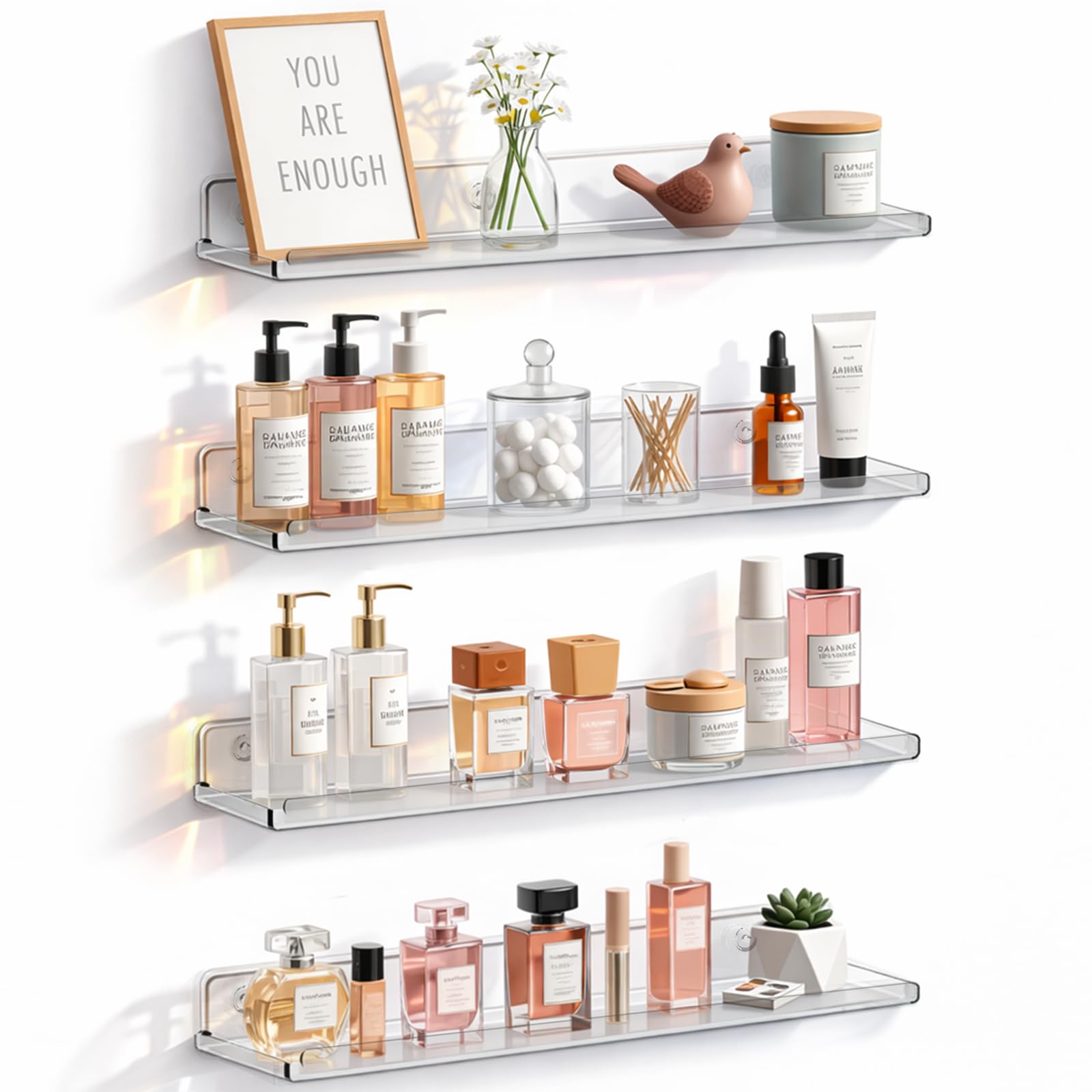 Lifewit Floating Shelves for Bathroom, 14" Clear Wall Organizer for Makeup, Perfume, Figures, Photo, Decor Shelf for Nursery, Living Room, Bedroom, Kitchen, Over Toilet Storage Rack, Clear, 4 Pack