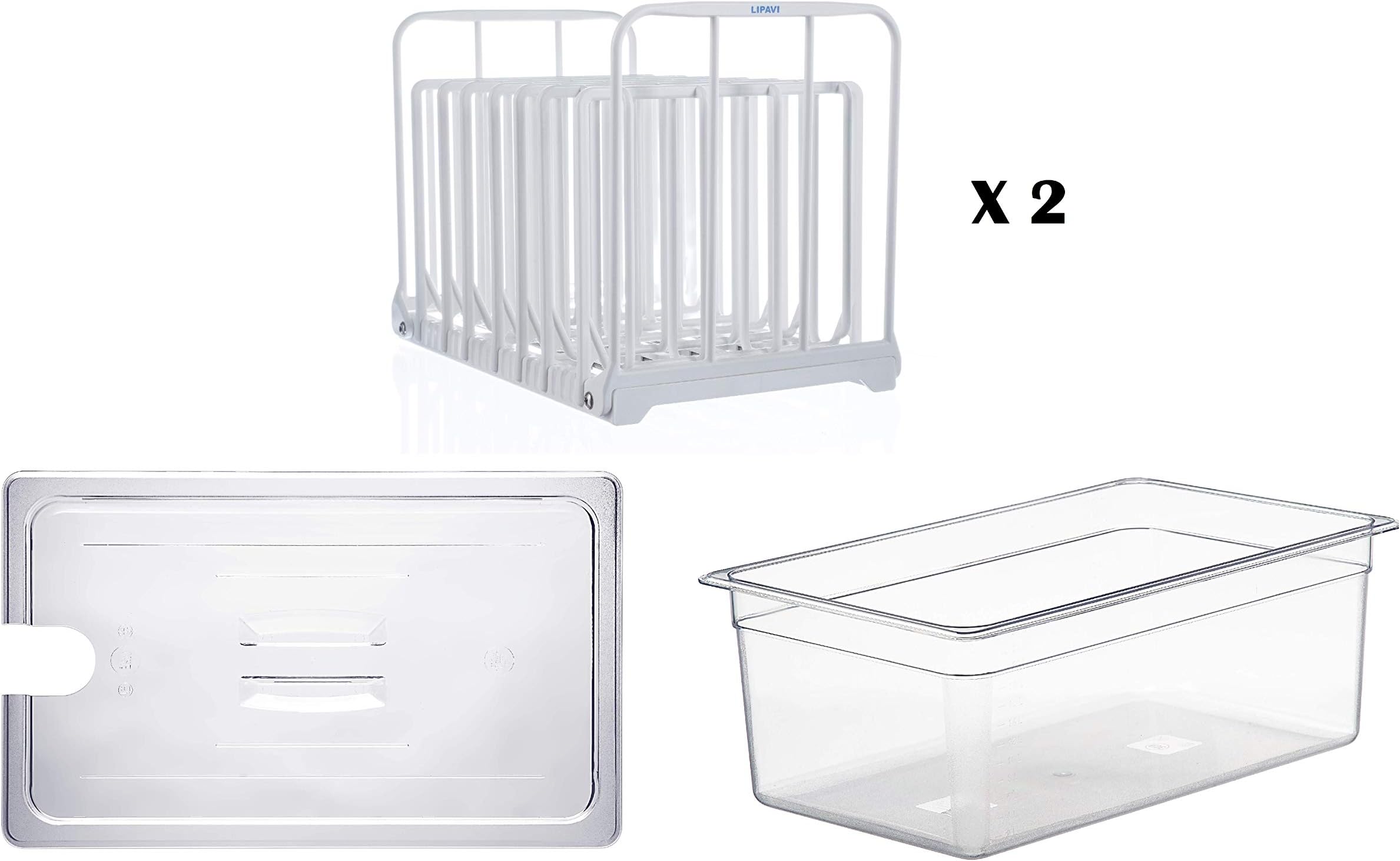 LIPAVI C20 Container with one Rack and Lid - 26 quart Container - one N20X Sous Vide Rack Adjustable, Collapsible, Ensures even warming White Polycarbonate with 316L Stainless steel weights - Lid tailor-made for Anova Precision