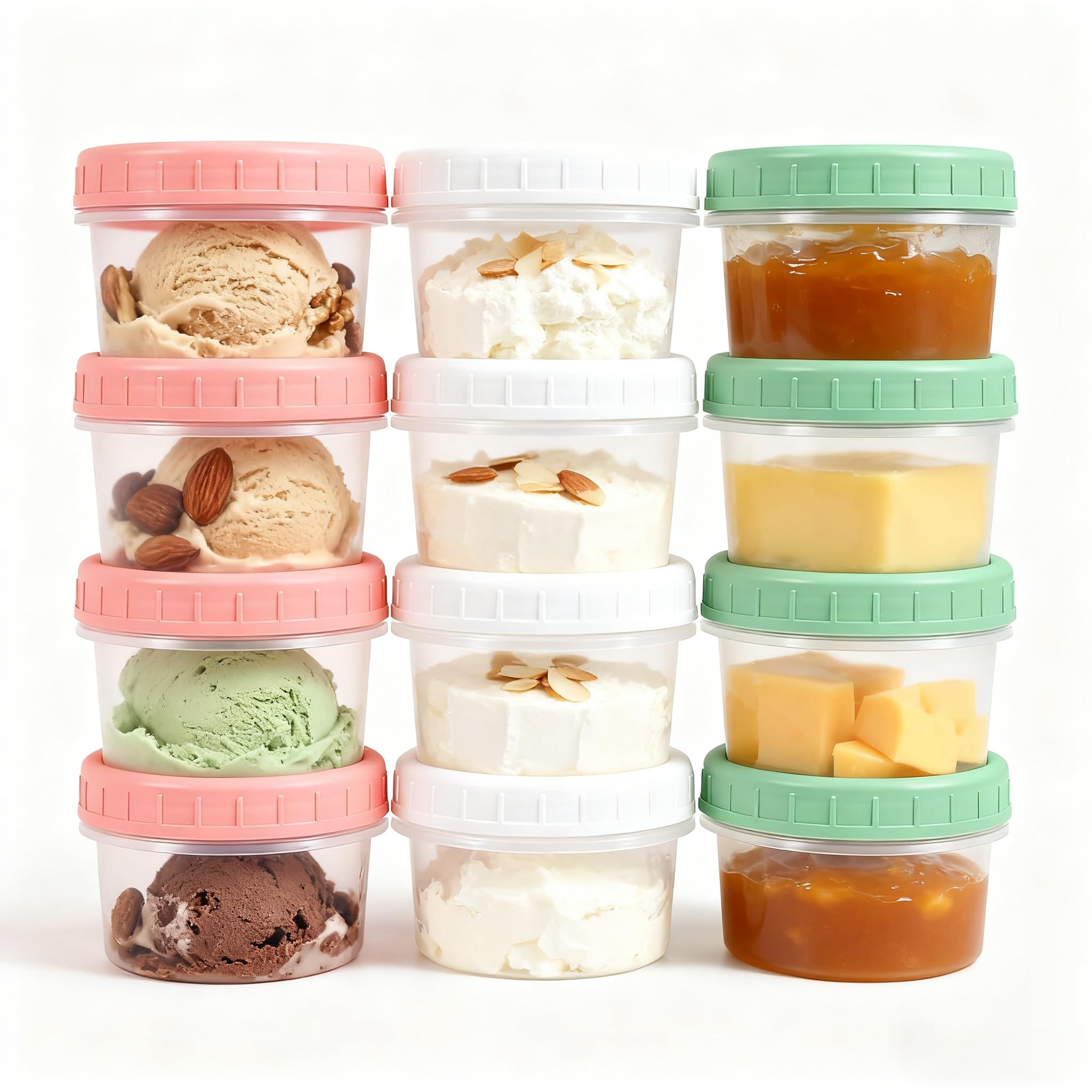 Photo 1 of **POSSIBLE PARTIAL SET/ MISSING 2 LIDS OF BOTH GREEN AND PINK POSSIBLY MISSING SOME CONTAINERS** UMETASS Food Storage Containers, 12 Pack 4 oz Freezer Storage Containers with Twist Top Lids, Leakproof, BPA Free, Microwave & Dishwasher Safe Takeout Contain