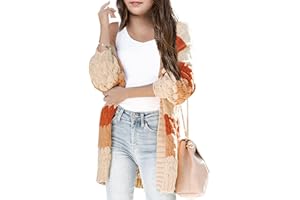 MACNOORA Girls Open Front Long Sleeve Cardigan Color Block Chunky Knit Oversized Kids Sweaters Coat