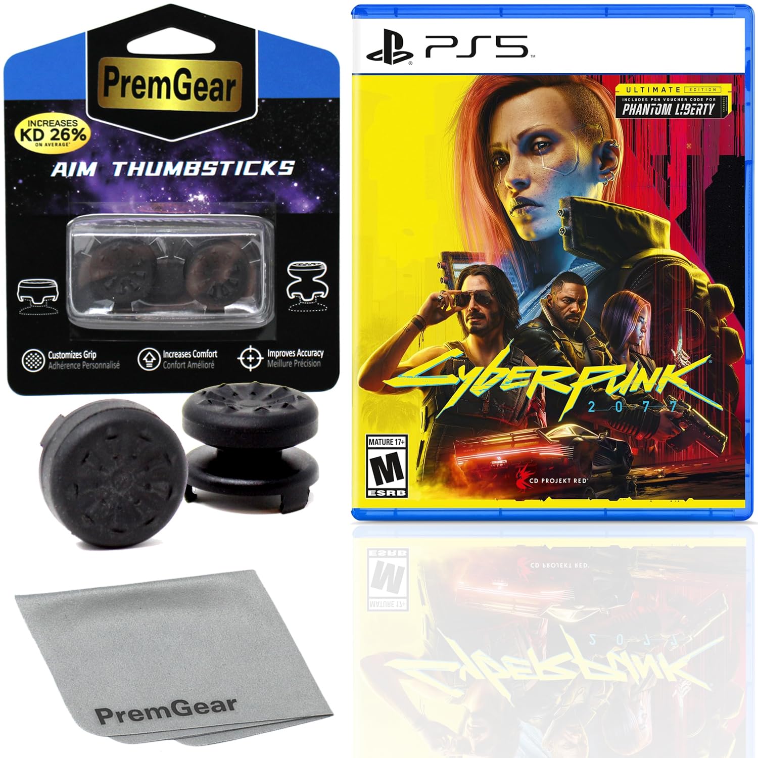 Cyberpunk 2077: Ultimate Edition for PlayStation 5 (US Version), with PremGear ThumbSticks (2 pack: 1 High-Rise, 1 Mid-Rise) & Cleaning Cloth