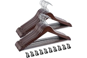 TECHMILLY 20 Pack Solid Wooden Suit Hangers, Heavy Duty Coat Hangers for Closet, Smooth Finish Clothes Hangers with 360° Swivel Hook & Non Slip Pant Bar & Cut Notches for Shirt, Walnut