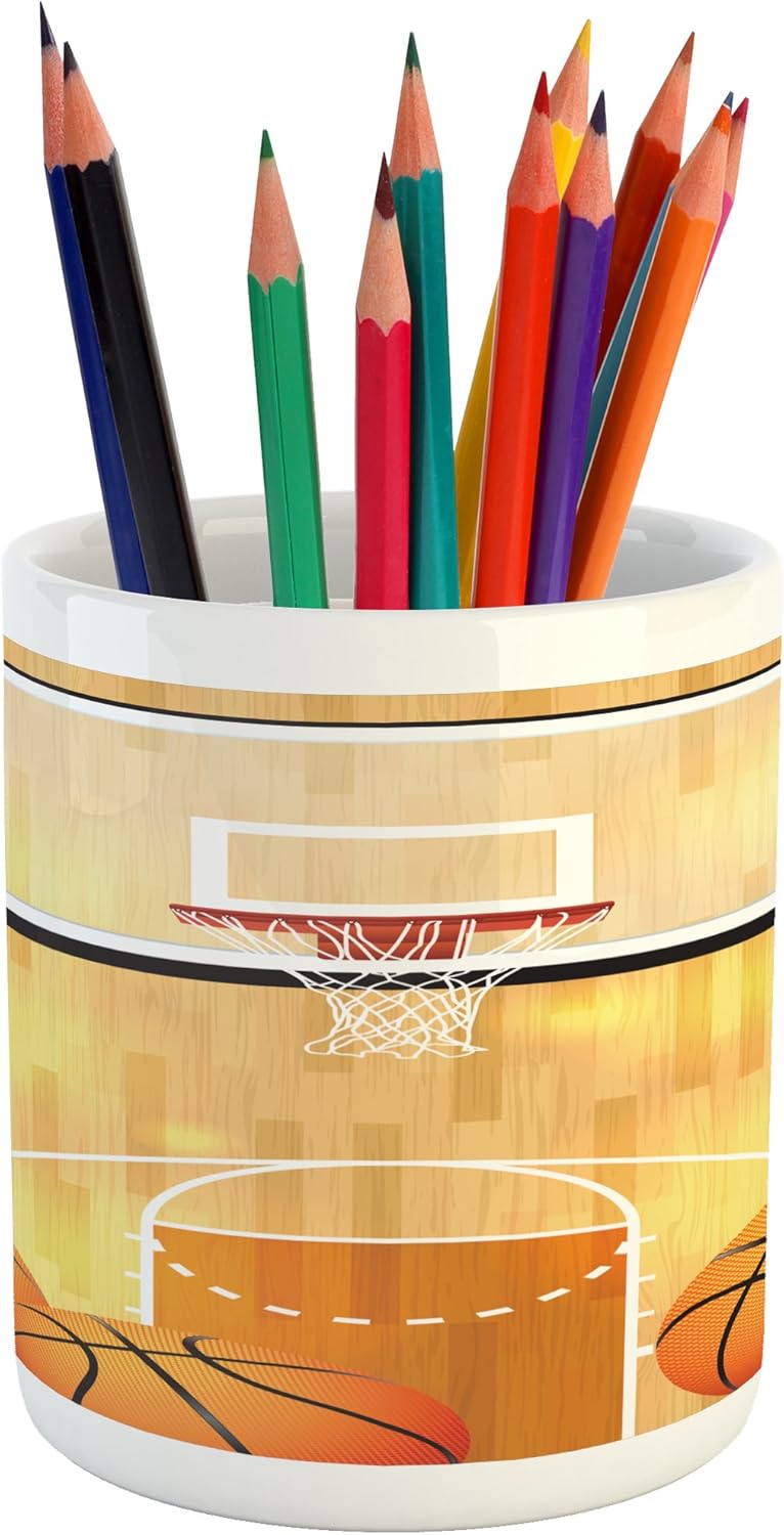 Lunarable Sports Pencil Pen Holder, Vivid Basketball Court