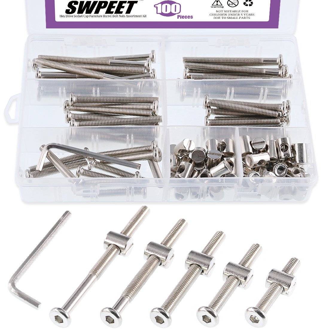Swpeet 100Pcs Crib Hardware Screws, Nicked Plated M6 x35/45/55/65/75mm Hex Socket Head Cap Crib Baby Bed Bolt and Barrel Nuts with 1 x Allen Wrench Perfect for Furniture, Cots, Crib Screws