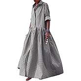 Sexyshine Women's Retro Plaid Button Down Long Sleeve Maxi Shirt Dress Loose Button Up Gingham Swing Pleated Long Dress