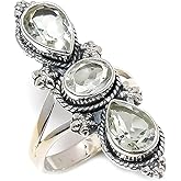 AUDRIELLE 925 Silver Rhodium Alloy Adjustable Ring - 3 Gemstones Unique Handmade Ring for Women, Statement Jewelry Gift for Her