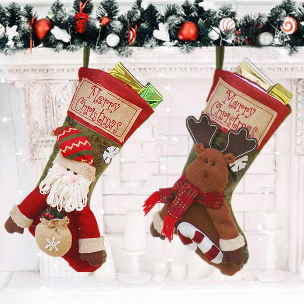 Tebrun Christmas Stockings, 18" Large Classic Christmas Stocking 2 Pcs Santa Reindeer Character Christmas Decorations Xmas Party Supplies
