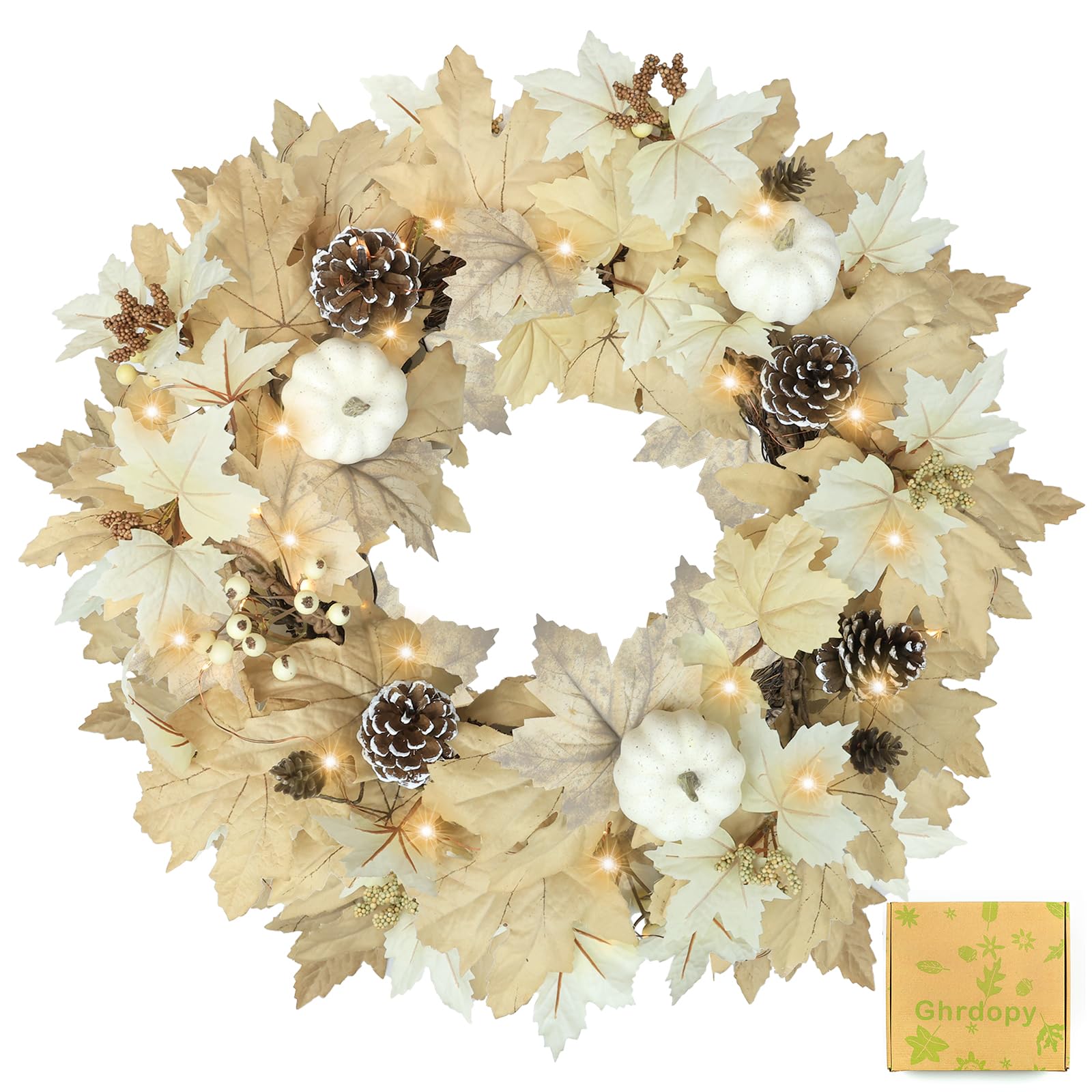 Photo 1 of ** SIMILAR, NO LIGHTS *** Fall Wreath with Lights 22 Inch - Fall Wreaths for Front Door Thanksgiving Halloween with Fall Home Decorations Autumn Wreath for Indoor Outdoor Wall Festival Decor