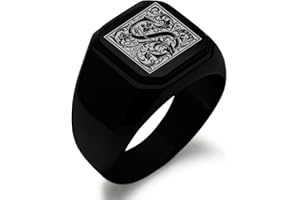 Tioneer Jewelry | Stainless Steel Letter Alphabet Initial Ring | Square Flat Top Ring for Men & Women | Stainless Steel Jewelry, (Black, Gold, Silver), Size 7-16