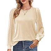 AURUZA Womens Mesh Long Sleeve Shirts Dressy Casual Blouses Tops Balloon Tunic Trendy Crew Neck Clothes Outfits