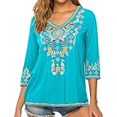 Higustar Mexican Tops for Women Embroidered Shirts Bohemian Hippie Clothes Tunic Fiesta Plus Size Boho Peasant Blouses