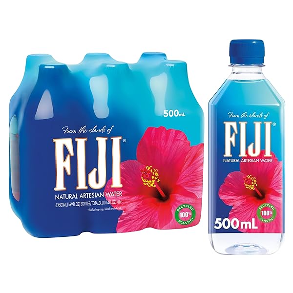 FIJI NATURAL ARTESIAN BOTTLED WATER 500 ML / 16.9 FL OUNCE (PACK OF 6) – 100% RECYCLED PLASTIC
