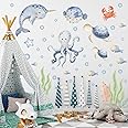 Under The Sea Whales Wall Decal Stickers，Wall Sticker for Children's Room Underwater World,Ocean Watercolor Wall Sticker ，oastal Ocean Hippocampus Octopus Turtle Fish Nursery Decoration.