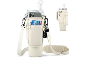 VGHNQ Water Bottle Carrier Bag with Pocket for Stanley 40 oz Tumbler with Handle Neoprene Sports Water Bottle Holder Pouch with Adjustable Strap, Straw Cover Carabiner for Stanley Cup Accessories (Cream)