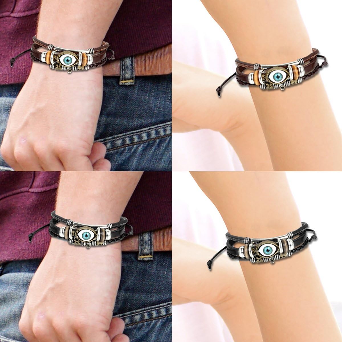 Oidea 2pcs Mes Womens Good Luck Blue Evil Eye Cuff Bangle Bracelet,Black,Brown,Size Adjustable 8.1 to 9Inch - Image 5