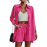 Beyove Women's Cotton Linen Set Casual Tracksuit Button Down 3/4 Sleeve Shirt Drawstring Shorts Pockets 2 Piece Lounge Set