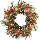 24 Inch Christmas Wreath for Front Door with Lights Snowy Winter Wreath Red Balls Pine Needles Pinecones Red Berries for Wall Window Holiday Party Xmas Decor