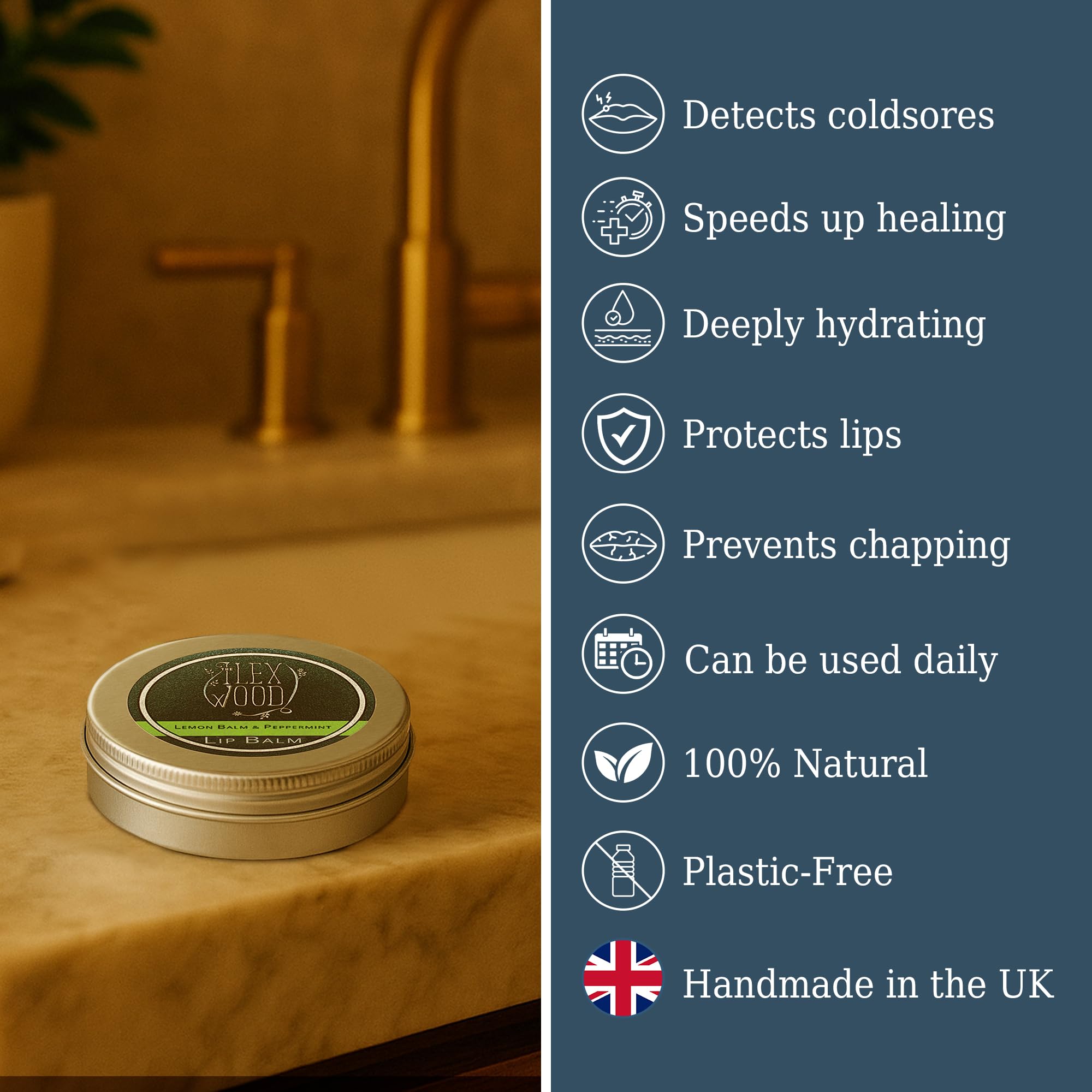 The Ilex Wood - All Natural Lip Balm - Lemon Balm and Peppermint - Cold Sore Treatment for Lips, Palm Oil Free, Cruelty Free, Plastic Free, Moisturising Lip Balm, Handcrafted - 10ml (0.34 fl oz)