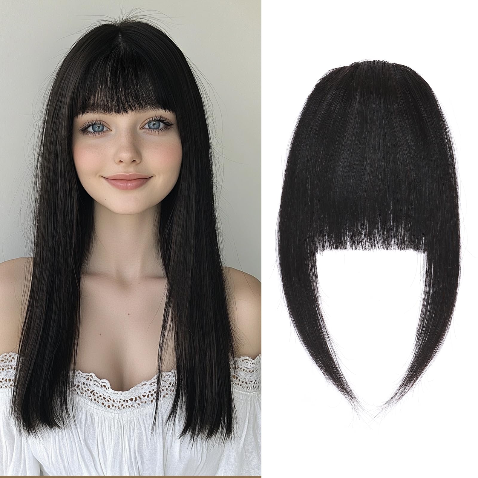 Clip in Fringe Human Hair Clip on Bangs Remy Hair Pieces for Women Short 14g French Fringe #1B Natural Black