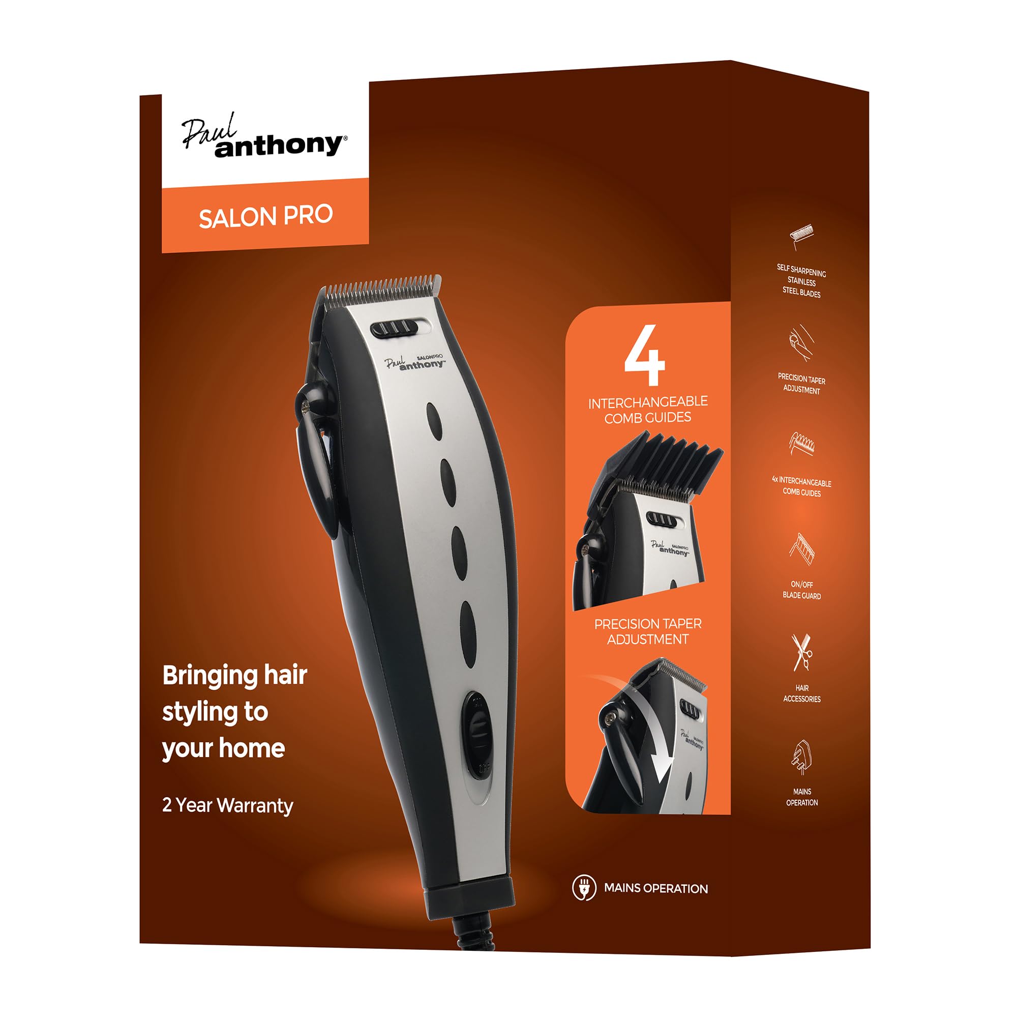 Paul Anthony Salon Pro Corded Hair Clipper - Lightweight - Self Sharpening Stainless Steel Blades - 4 Interchangeable Comb Guides - Precision Taper - Powerful Quiet Motor - Silver & Black - H5120BK