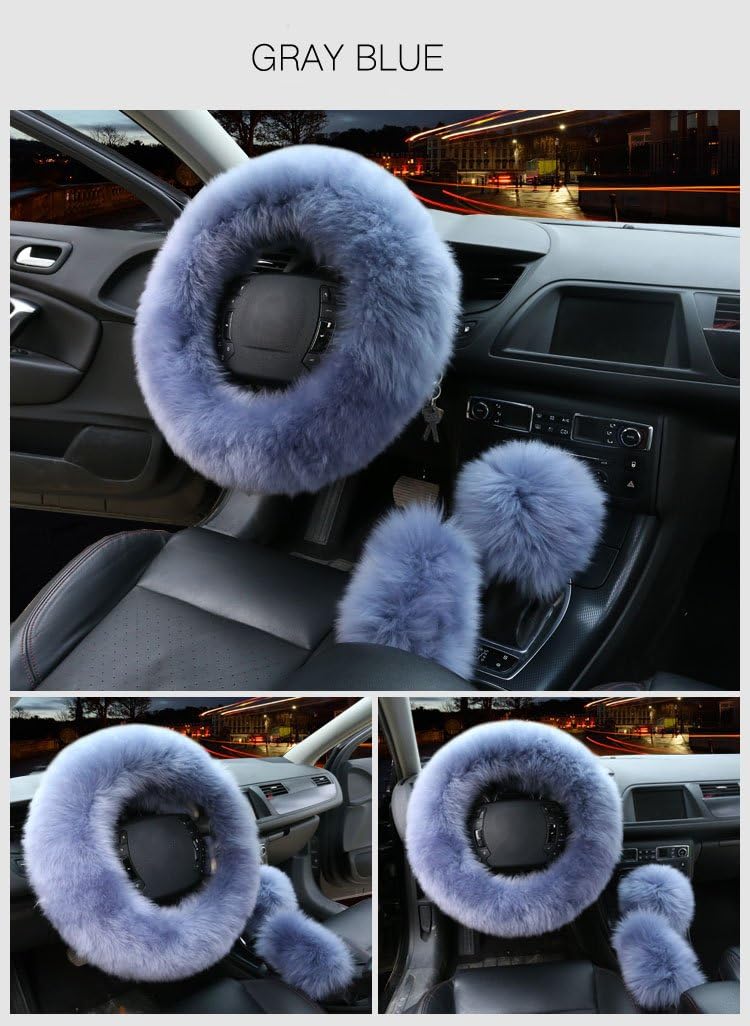 3Pcs Set Womens Winter Fashion Wool Fur Soft Furry Steering Wheel Covers Blue Fluffy Handbrake Cover Gear Shift Cover Fuzz Warm Non-slip Car Decoration Long Hair: Automotive