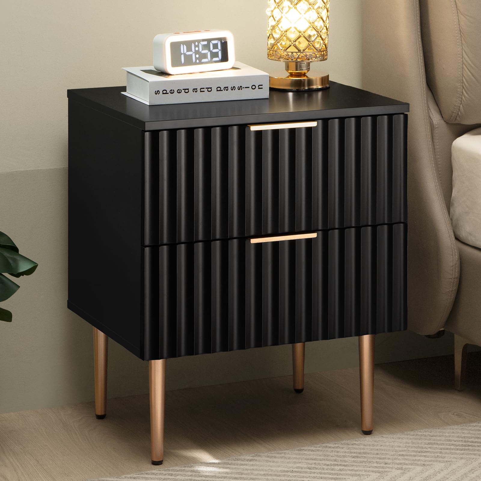 SICOTAS Black Night Stand, Fluted Glossy Nightstand with 2 Drawers ...