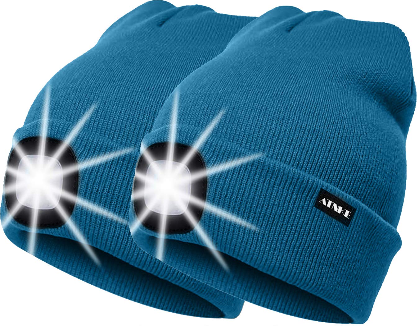 ATNKE 2Pcs New Warm LED Lighted Beanie Cap Unisex USB Rechargeable Running Hat Ultra Bright 4 LED Waterproof Light Lamp Multi-Color/Deep Hole Blue