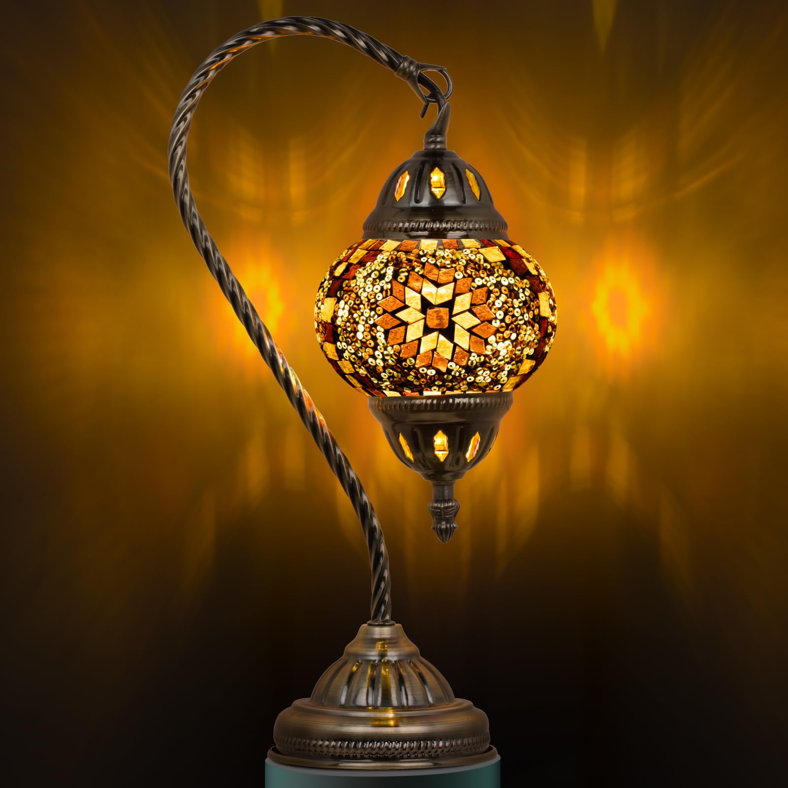 Photo 1 of Marrakech Turkish Lamp Moroccan Lamp Mosaic Glass Table Lamp, Handmade Turkish Mosaic Light with Swan Neck Bronze Base Including LED Bulb for Living Room Bedroom Decor (Mosaic Yellow)