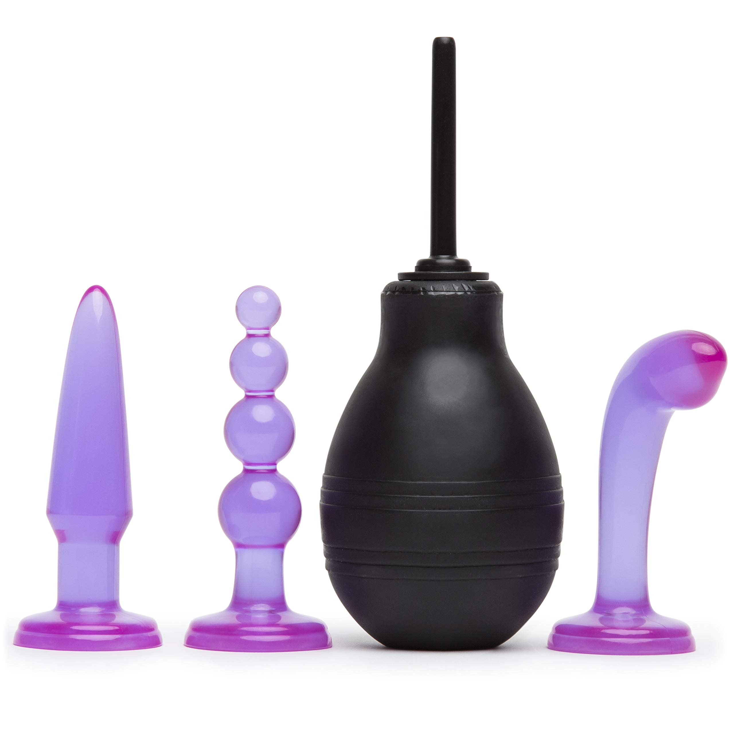 Lovehoney 4 Piece Anal Toys Kit - with 3X 4 Inch Butt Plugs & Douche - with Flared Base & Waterproof - Purple