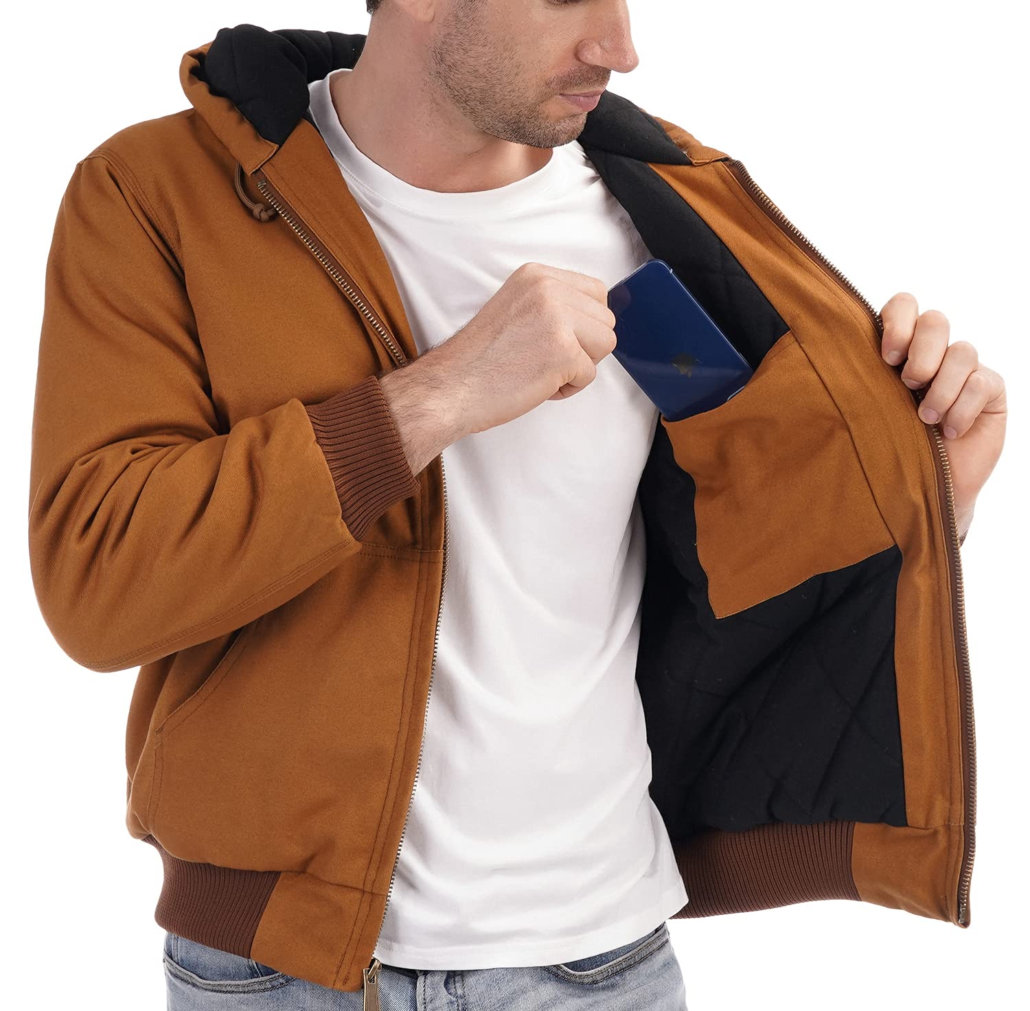 TUAOVA Men's Loose Fit Quilted Flannel Lined Workwear Waterproof Active Jacket Hooded Work Coat