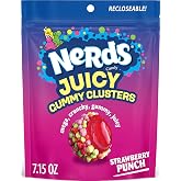 NERDS Juicy Gummy Clusters Strawberry Punch Candy, Stand-Up Bag, 7.15 oz | Triple-texture crunchy gummy juicy, strawberry punch flavor, resealable stand-up bag, sharing, party, game night