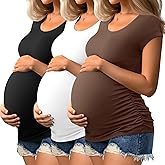 Ficerd 3 Pack Women's Maternity Shirts Cap Sleeve Pregnancy Tunic Tops Crew Neck Side Ruched Tee Summer Mama Clothes