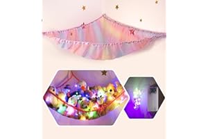 MIROLAM Stuffed Animal Storage Hammock Net - Large Toys Hammock Net for Stuffed Animals Corner - Cute Hanging Stuff Animal Organizer Holder for Plushies - Kids Girls Wall Bedroom Room Decor with LED Lights