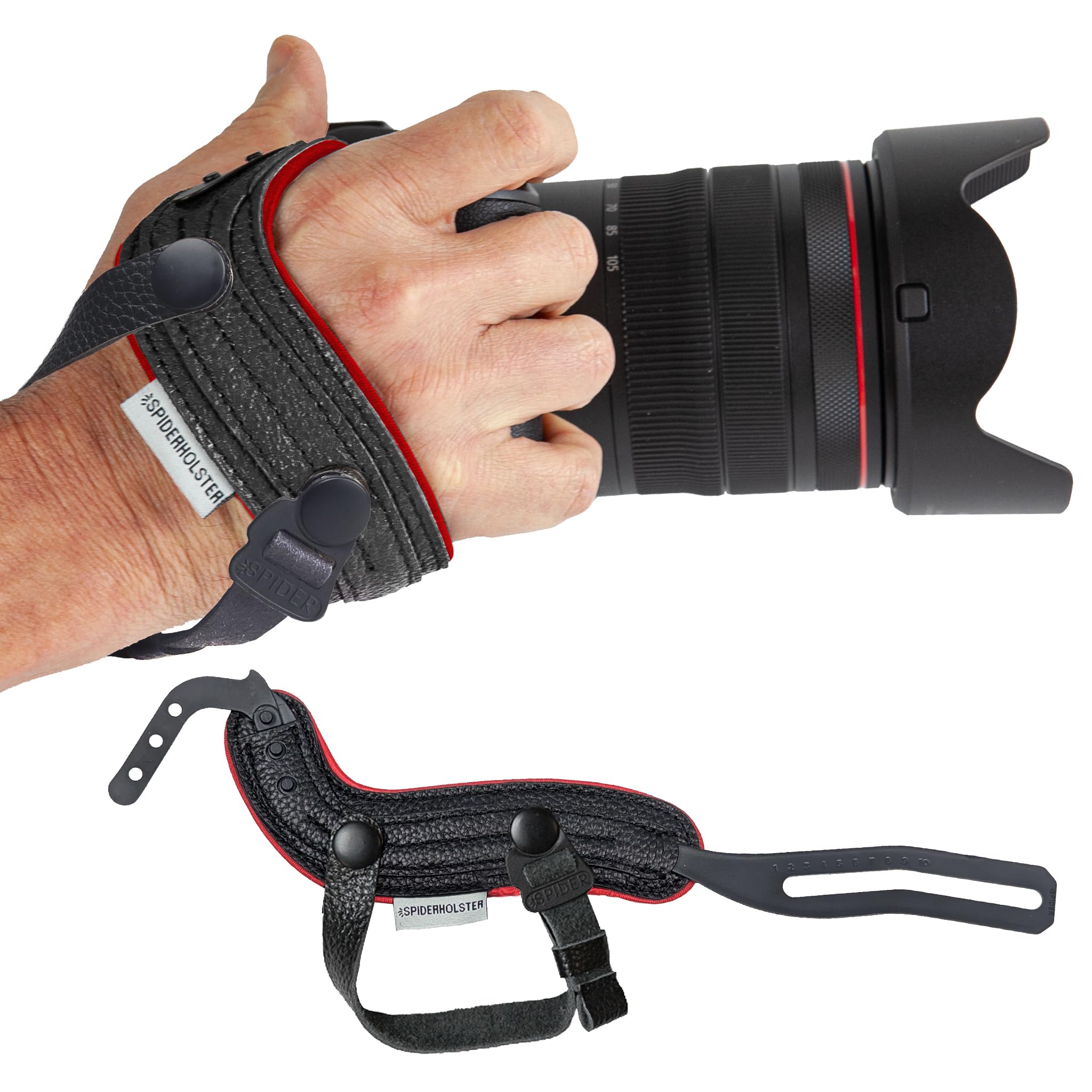 SPIDER HOLSTER - SpiderPro Camera Hand Strap v2 with Snap Assembly and Optional Wrist Strap – DSLR and Mirrorless Compatible (Black Leather + Red Trim)
