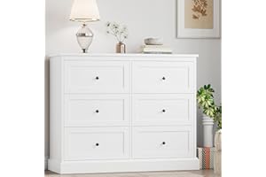 FOTOSOK White Dresser, 6 Drawer Dresser White, Modern Double Chest with Deep Drawers, Wide Storage Organizer Cabinet for Living Room Home