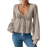 ZAFUL Women's Scallop Trim Deep V Neck Sweater Lantern Sleeve Tie Front Bow Peplum Knitwear Pullover Top