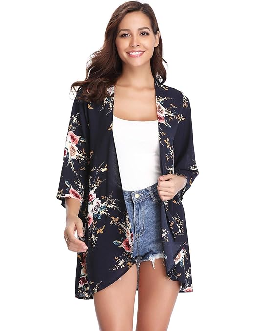 Aibrou Damen Sommer Boho Strand Kimono Florale Tops Cardigan Chiffon Shawl Bluse Beachwear Bikini Cover up Leichte Jacke Ober