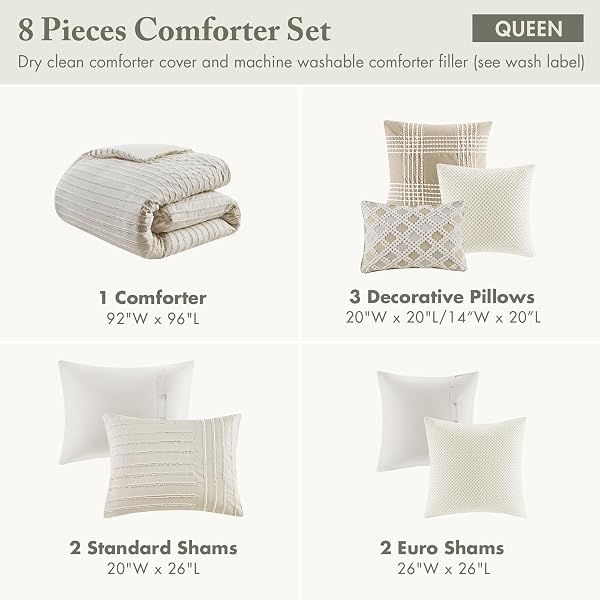 MADISON PARK QUEEN COMFORTER SET CLIPPED JACQUARD STRIPES WITH BUTTONS BOHO COMFORTER FOR A QUEEN-SIZE BED, COTTON OVERSIZED COMFORTERS WITH REMOVABLE COVER BOHO BEDDING, QUEEN IVORY 8 PIECE