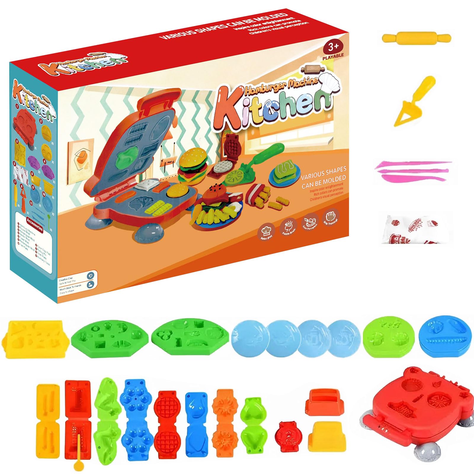 Satiskid Dough Tools Kit for Kids, 28 PCS Dough Accessories Set, Hamburger Maker Machine, Playdough Tools Kit for Kids, Kitchen Creations Educational Toy Gift Set