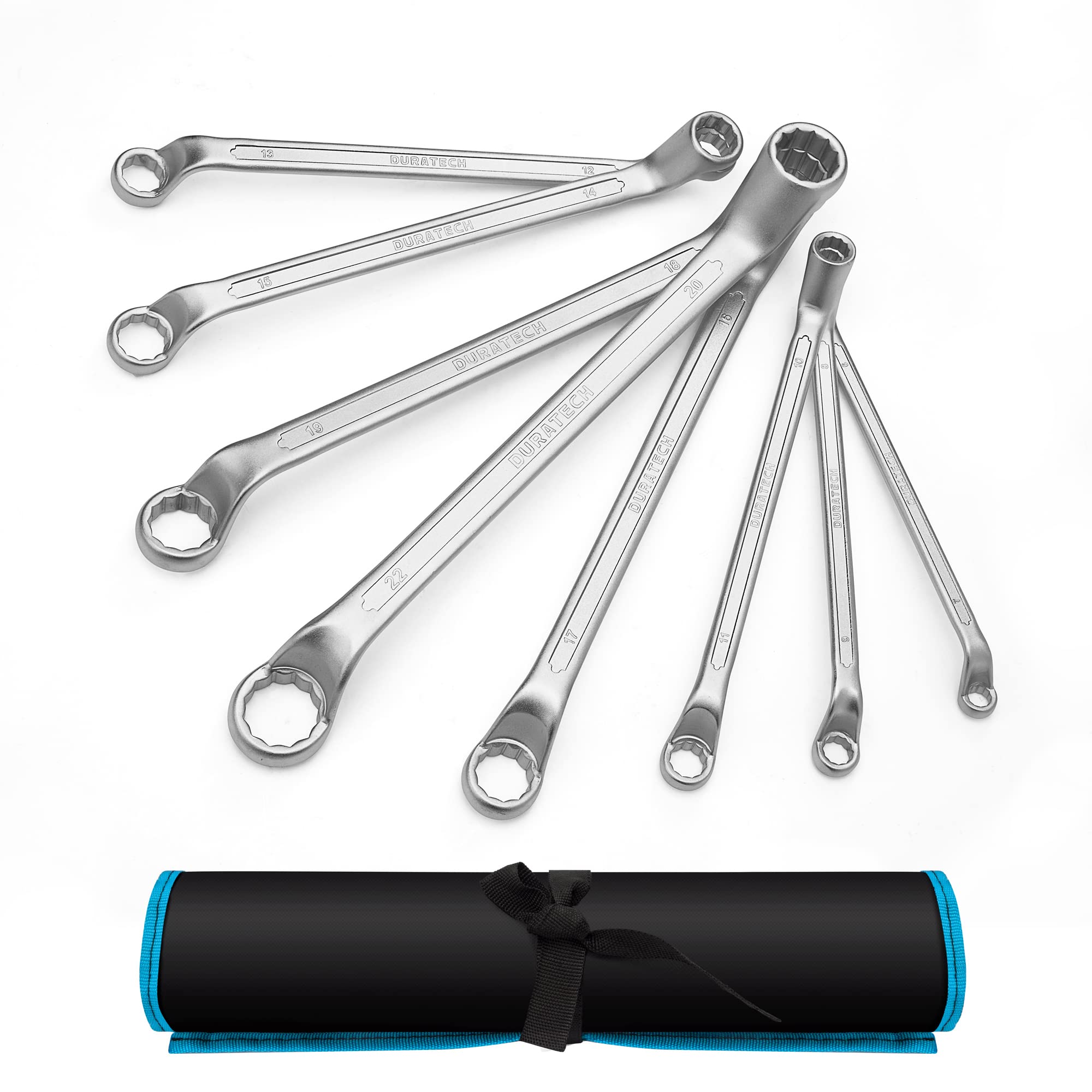 DURATECH 8-Piece Offset Double Ring Spanner Set 6-22 mm, Metric Box End Wrench Set, Chrome Vanadium Steel, Matte Chrome-Plated, 75-Degree Offset, 12-Point, DIN 838, with Carry Pouch